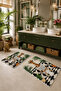 Beige Green Newspaper-Reading Giraffe Patterned Bath Mat Set of 2 - 7