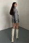 Arven Standing Collar Belted Short Lined Checked Coat Gray - 3