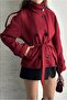 Arven High-Collar Belted Short Lined Checked Coat Red - 4
