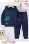 Yandan Dinosaur Printed Winter Children's Hooded Cotton Insulated Tracksuit Set (Bottom Pants with Pockets)