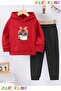 Kid's Winter Cotton Hooded Tracksuit Set with Kitten Print (Bottom Pants with Pockets)