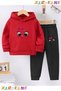 Cat Printed Winter Children's Hooded Cotton Insulated Tracksuit Set (Bottom Tracksuit with Pockets)