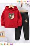 3Leopard Heart Printed Winter Children's Hooded Top and Bottom Cotton Tracksuit Set (Bottom Tracksuit with Pockets)