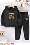Bear with Glasses Printed Winter Children's Hooded Cotton Inside-Out Tracksuit Set (Bottom Tracksuit with Pockets)