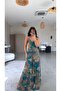 Orange Yellow Leaf Patterned Tulle Inside Maxi Lined Flowy Dress - 5