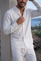 Men's White Pera Linen Shirt and Pants Set - Relaxed Fit Two-Piece Set Summer Shirt Collar - 2