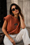 Women's Tile Palm Pattern Stone Detailed Short Sleeve Viscose Blouse