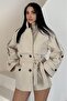 Women's Belted Cashmere Trench Coat Jacket Stand Collar Double Button Oversize Coat