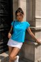 Women's Turquoise Pearl Accessory Detailed Short Sleeve Viscose Blouse - 4