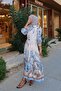 Button Detailed Leaf Patterned Dress - Brown/Blue - 5