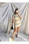 Women's Stone Beige Color Cycling Collar Short Sleeve Super Mini Brooch Dress