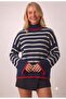 Women's Navy Blue Striped Turtleneck Red Striped Oversized Knitwear Sweater - 2