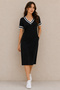 Women's Short Sleeve V-Neck Midi Length Viscose Dress with Ribbed Sleeves and Collar Detail