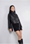 High Collar Faux Leather Trench Coat - 2