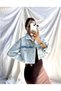 Women's Blue Color Stone Embellished Tassel Detailed Pocketed Cropped Short Jean Jacket - 8