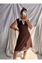 Women's Brown Polo Collar Ribbed A-Line Sleeveless Combed Cotton Dress - 6