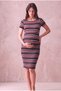Maternity Viscose Blended Textured Black / Purple Striped Short Sleeve Boat Neck Dress Tara