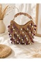 Knitted Fabric, Bamboo Handle, Purple, Silver Bead Detail, Bohemian Design. Dimensions: 26 × 25 Cm.