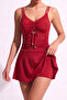 Women's Strapless Swimsuit with Drawstring, Gathered Bust, Integrated Shorts, and Chest Pads - 2