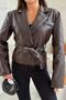 New Season Premium Women's Double-Breasted Belted Light Brown Leather Jacket - 7