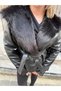 Women's Leather Jacket with Fur Collar and Belt at the Waist - 4