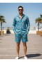 Relaxed Fit Patterned Long Sleeve Lapel Collar Summer Cotton Shirt Shorts Set