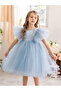 Girls Light Blue Sequin Embellished Tulle Details A-Line Midi Dress - 4