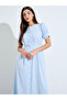 Blue Solid Short Sleeves Collarless Shirt Maxi Dress - 2