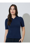 Navy Blue Collared Knitted Short Sleeve Top Front Zipper - 3