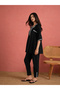 Black Embroidered Choga Kurta and Pencil Pants Set - 3