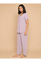 Purple Lace Details V-Neck Peplum Top and Pants Pyjama Set - 2
