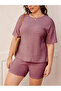 Plus Size Burgundy Ribbed Short Sleeve Top and Shorts Pyjama Set - 5
