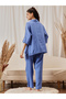 Navy Blue Textured Button Details Top and Pants Pyjama Set - 3