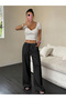 Black Textured Wide Leg Pants - 4
