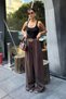 Women's Brown Belt Detailed Pleated Wide Leg Woven Trousers - 3