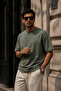 Men's Khaki Mercerized Interlock Fabric Oversize T-Shirt - 2