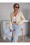 Women's Beige Hooded Zippered Oversize 3 Thread Raised Crop Cardigan - 2