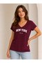 Women's V-Neck New York U.S.A Printed 100% Cotton T-Shirt - 2