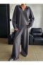 Women's Dark Gray Polo Collar V-Neck Knitwear Blouse Pants Bottom Top Double Set