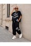 Women's - Oversize Large Size Matching Text Printed Shalwar Trousers 2-Piece Set - 4