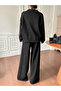 Women's Black Polo Neck V-Neck Knitwear Blouse Pants Bottom Top Double Set - 5