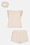 Kids Girl 3 Pcs Textured Top And Bottom With Scrunchie Set , Beige - 2