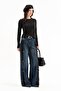 Women's Palazzo Fit Design Jeans with Suede Fabric Sides and Button Detailing - 2