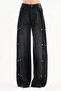 Women's Palazzo Fit Design Jeans with Suede Fabric Sides and Button Detailing - 2