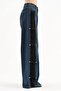 Women's Palazzo Fit Design Jeans with Suede Fabric Sides and Button Detailing - 3