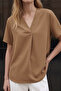 Wide Short Sleeve Blouse - Camel - 2