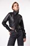 2222 Women's Stand Collar Corset Stitched Leather Jacket Black - 3