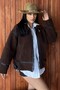 Women's Leather Striped Stand Collar Plush Jacket - Oversize Teddy Biker Coat - 7