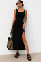 Women's Square Neck Slit Thick Strap Midi Length Stretchy Dress - 3