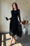 Silvery Patterned Asymmetrical Midi Black Dress - 6